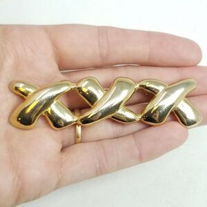 Vintage XXX Kisses Gold Tone Bar Brooch, Puffy Polished Design, Love, Estate